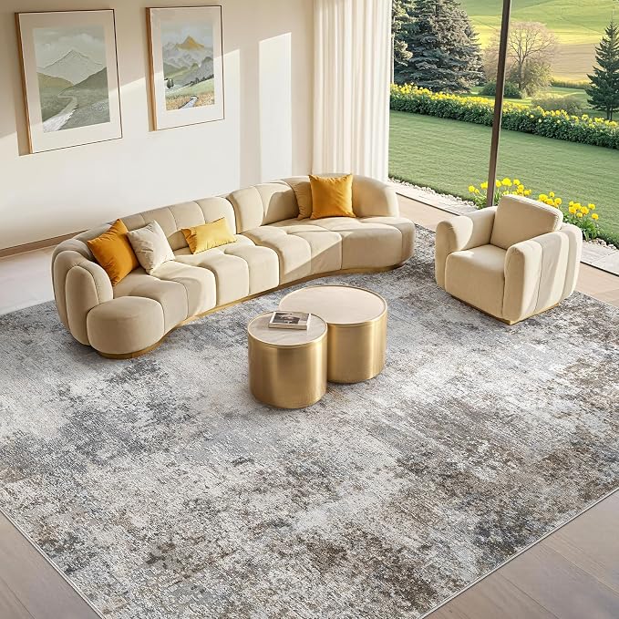 Tortania Washable 6x9 Area Rug for Living Room: Modern Abstract Neutral Large Soft Thin Rugs - Non Slip Indoor Carpet for Bedroom Dining Room Office Nursery Home Floor Decoration - Ash Taupe