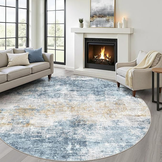 8ft Round Rug Living Room: 8x8 Washable Large Neutral Circle Area Rug Abstract Soft Modern Stain Resistant Indoor Floor Non-Slip Carpet for Bedroom Nursery Kids Office Playroom Dining Room- Blue Gold