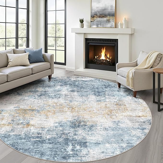 5ft Round Rug Living Room: 5x5 Washable Large Neutral Circle Area Rug Abstract Soft Modern Stain Resistant Indoor Floor Non-Slip Carpet for Bedroom Nursery Kids Office Playroom Dining Room- Blue Gold
