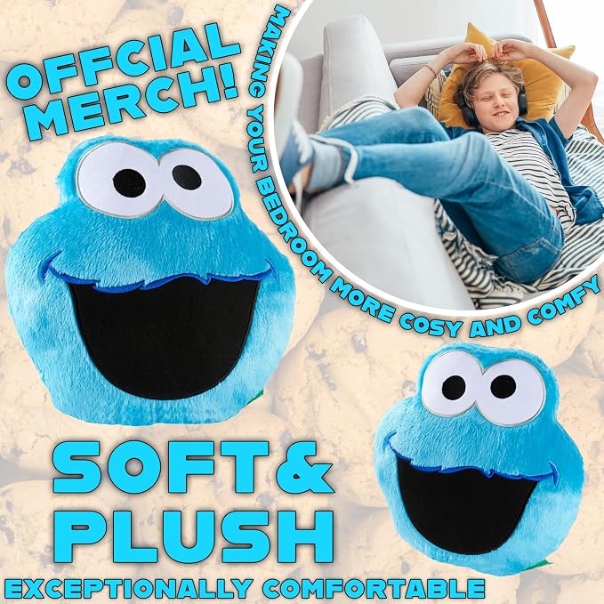 Sesame Street Cookie Monster Plush Cushion Pillow, Soft Plush Throw Pillow Cushion Bedroom Decor Cuddle Plushies, Gifts for Girls, Teens, Women (Blue Cookie Monster, L12.4 x W12.2)