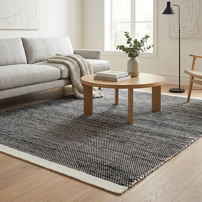 Fab Habitat Machine Washable Area Rug - Hand Woven, Stain Resistant, Pet Friendly - Premium Recycled Polyester Yarn - Solid - Bedroom, Living/Dining Room - Kingscote - Black & White - 8 x 10 ft