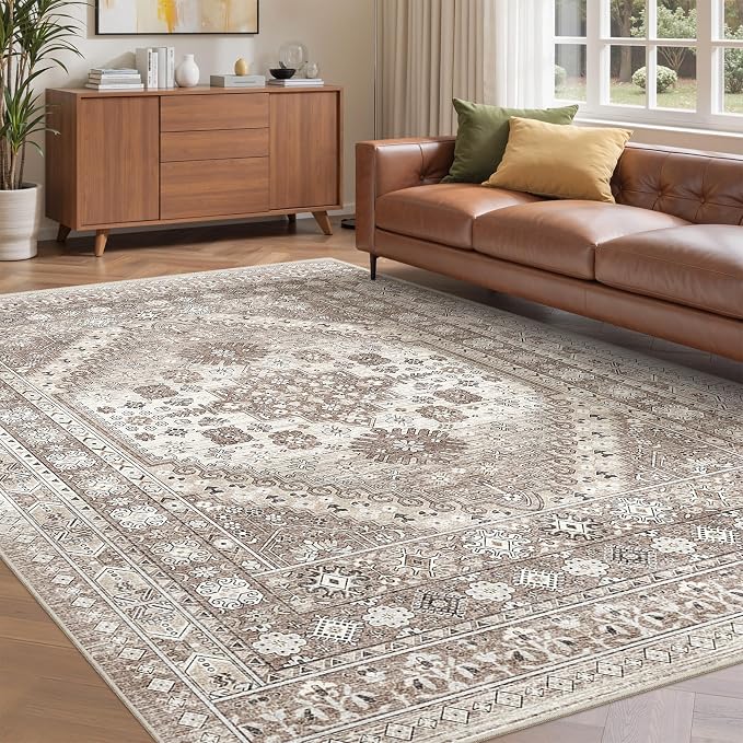 befbee 5x7 Area Rugs for Living Room,Stain Resistant Washable Rug,Non-Slip Backing Rugs for Bedroom,Kitchen,Printed Vintage Home Decor Rug (Brown/Beige, 5'x7')