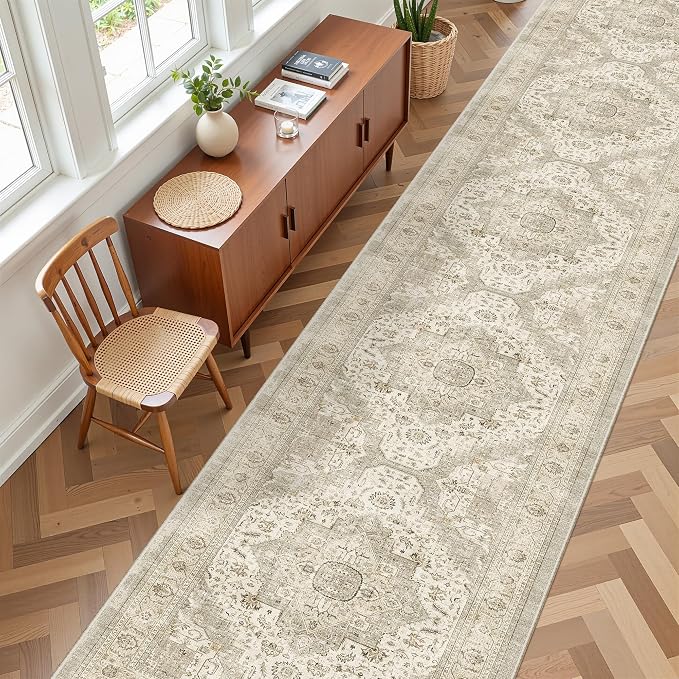Washable Runner Rug 2.6x12 Runners for Hallways, Ultra-Thin Carpet Runners for Entryway Anti Slip Backing Runner Rugs for Kitchen Laundry Room Indoor Hallway (Ivory/Beige)