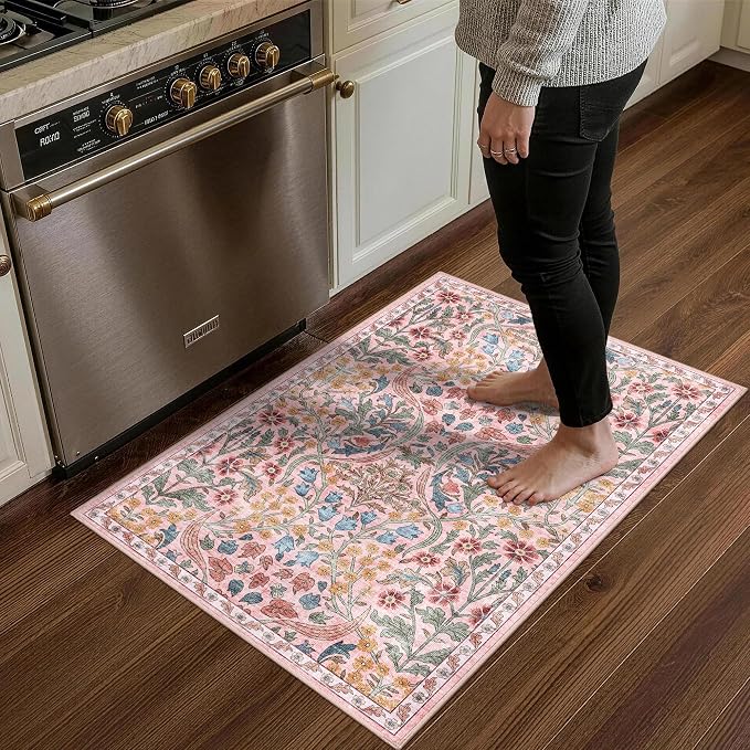 2x3 Washable Area Rug for Entryway Vintage Boho Floral Rug Non-Slip Low Pile Soft Faux Wool Small Carpet Kids and Pets Friendly for Bathroom Bedroom Kitchen Hallway Bedside Home Decor Rug Pink