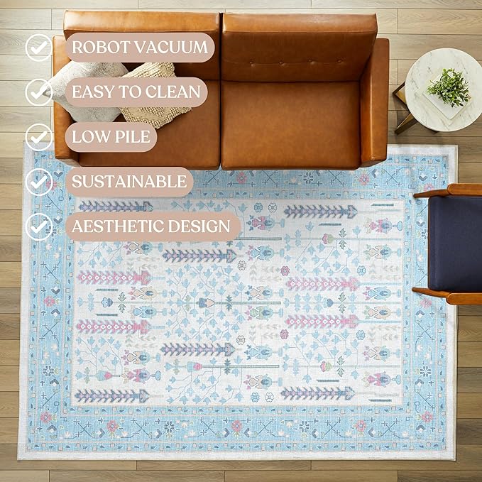Fame Living Cream Blue Oushak Rug, Modern, Vintage, Turkish, Eclectic, Floral, Pastel, Washable, Area Rugs for Living Room, Dining, Bedroom, Office, Entryway, Foyer, Playroom, Nursery, 5'x6'9"