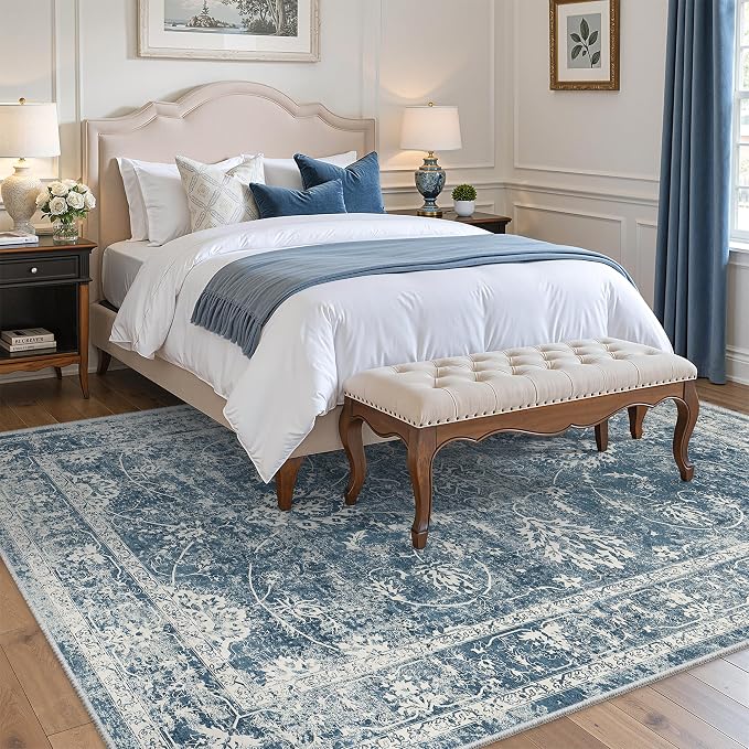 Madane Washable 6x9 Area Rugs for Living Room, Vintage Rug with Non-Slip Backing, Soft Stain Resistant Throw Rugs Thin Carpet for Bedroom Dining Room Farmhouse (6 x 9, Blue)