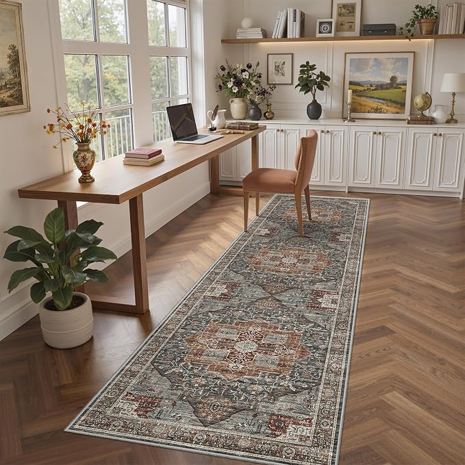 Roxstand Washable 2.6x8 Hallway Runner Rug, Grey/Brown/Tan | Low-Pile Carpet, Non-slip Backing,8ft Runner, Stain Resistant, Runner for Kitchen, Laundry Room, Entryway, Vintage Design