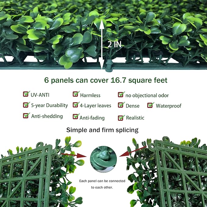 ODTORY Artificial Grass Wall Backdrop Panels, 20X20 in 6P (16.7 sqft) | UV-Anti, Faux Boxwood Hedge Fence, 4-Layer Leaves, Garden/Backyard/Balcony Privacy Screen, Indoor Outdoor Wall Decor