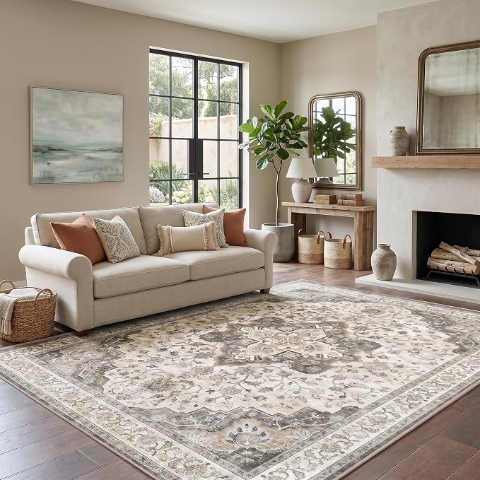AMADA HOMEFURNISHING 5x7 Area Rugs, Washable Living Room Rug Low-Profile with Non-Slip Backing & Durable Edge Binding, Vintage for Living Room, Bedroom, Dining Room, Brown