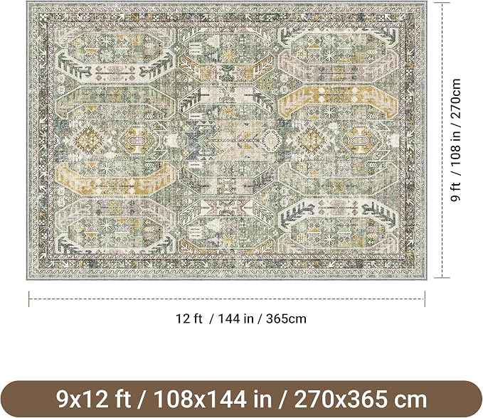 befbee 9x12 Area Rug,Ultra-Thin Washable Rugs for Living Room,Non-Slip Lightweight Foldable Area Rug,Stain Resistant Vintage Large Rugs (Green/Gold, 9'x12')