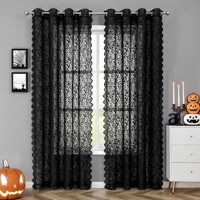 Bujasso Black Sheer Lace Curtains 63 inch Luxury Vintage Floral Sheer Window Curtain Panels for Living Room Bedroom Light Filtering Gothic Halloween Black Drapes Rod Pocket 54" Wx63 Lx2