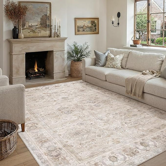 PureCozy 8x10 Area Rug Washable Living Room Vintage Beige Carpet Bedroom Large Indoor Non Slip Soft Low Pile Thin Stain Resistant Distressed Accent Throw Rug for Dining Office Nursery