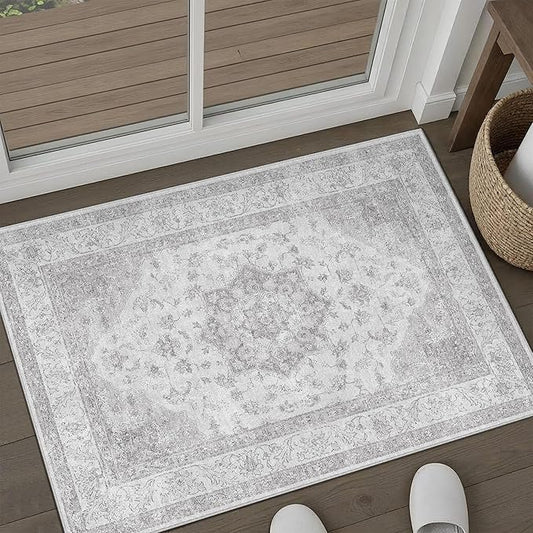 PureCozy Grey Gray Area Rug 2x3 Washable Vintage Small Carpet for Entryway Kitchen Soft Retro Low Pile Thin Door Mat Non Slip Oriental Medallion Throw Rug for Bathroom Office Bedroom Dining Room