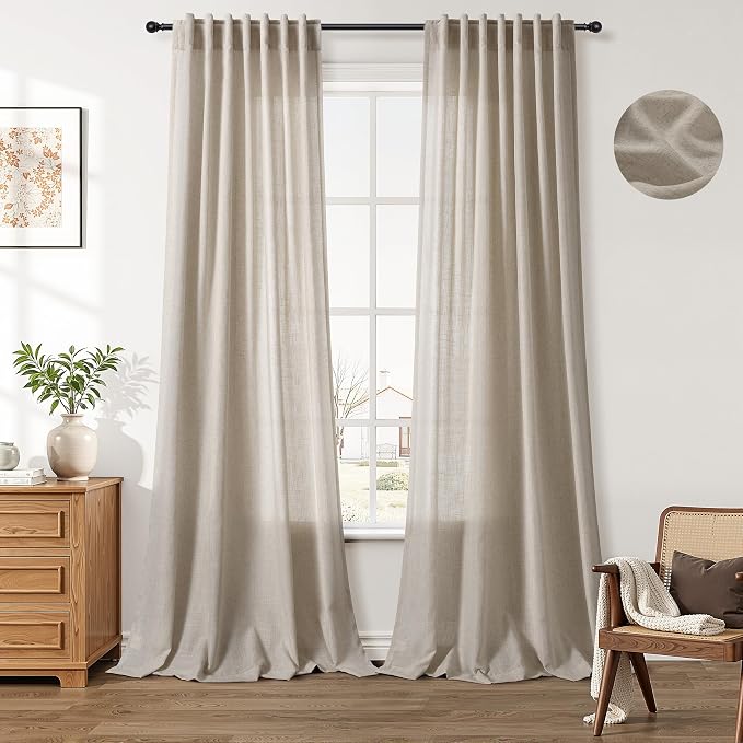 Aersas Cobblestone Linen Curtains 90 Inches Length for Living Room Flax Texture Wave Fabric Semi Sheer with Rod Pocket Back Tab for Bedroom Balcony Light Filtering Neutral Home Decor 52x90