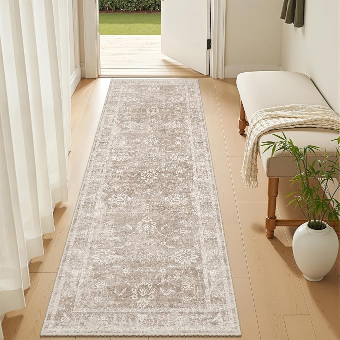 Madane Washable Runner Rug 2x5 with Non-Slip Rubber Backing, Vintage Kitchen Hallway Rug Soft Low Pile Throw Carpet Runner for Entryway Laundry Bathroom Bedroom Living Room (2 x 5, Brown/Sand)