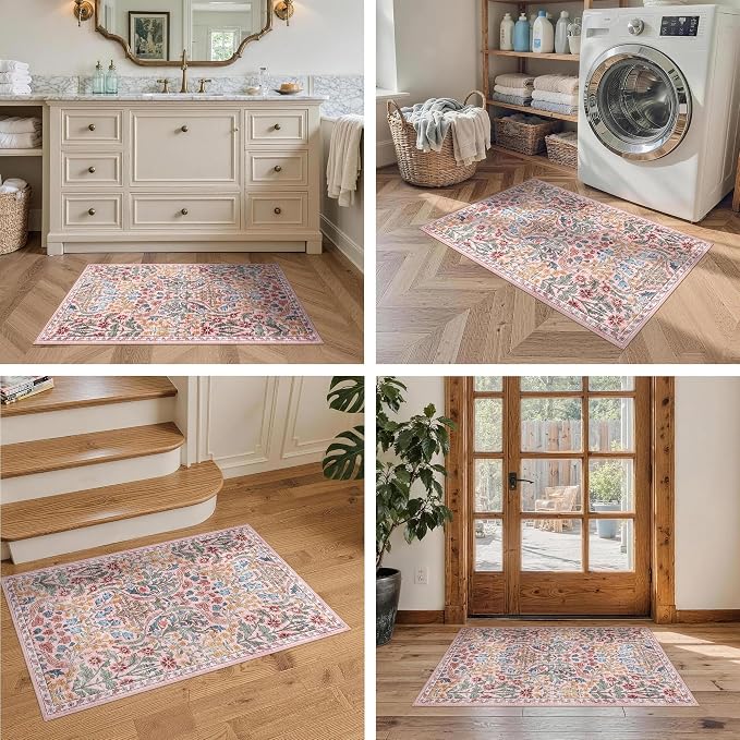 2x3 Washable Area Rug for Entryway Vintage Boho Floral Rug Non-Slip Low Pile Soft Faux Wool Small Carpet Kids and Pets Friendly for Bathroom Bedroom Kitchen Hallway Bedside Home Decor Rug Pink