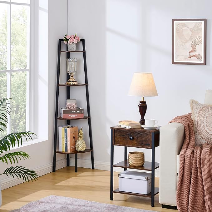 Hoctieon Corner Shelf, 4-Tier Corner Bookshelf, Rustic Ladder Shelf, Industrial Display Stand for Living Room, Kitchen, Home Office, Balcony, Small Space, Metal Frame, Rustic Brown