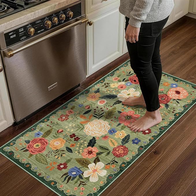 2x4 Washable Runner Rug Kitchen Hallway Area Rug Vintage Boho Floral Ultra Non-Slip Low Pile Soft Faux Wool Carpet Kids and Pets Friendly for Bathroom Bedroom Entryway Nursery Home Rug Light Green