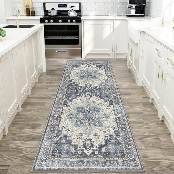 GENIMO Area Rug 2x3 Doormat, Machine Washable Low Pile Rugs, Small Retro Entryway Mat for Entrance, Hallway, Kitchen and Corridor, Center Blue