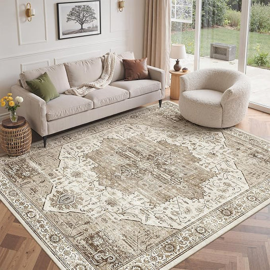 Roxstand Living Room 6x9 Washable Area Rugs, White/Brown | Large Area Rug, Non-slip Backing, Super-Soft Floral Vintage, Low Pile, For Living Room, Bedroom, Dining Room, Office