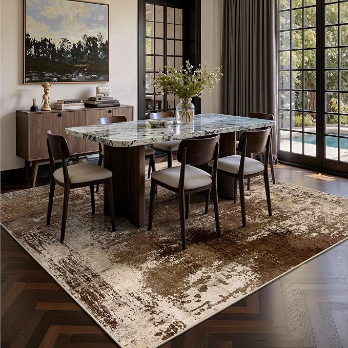 6x6 Area Rugs - Modern Abstract Washable Rug, Ultra Soft Non Slip Low Pile Large Brown Rugs for Living Room, Floor Carpet for Bedroom Dining Room Office Laundry Nursery Home