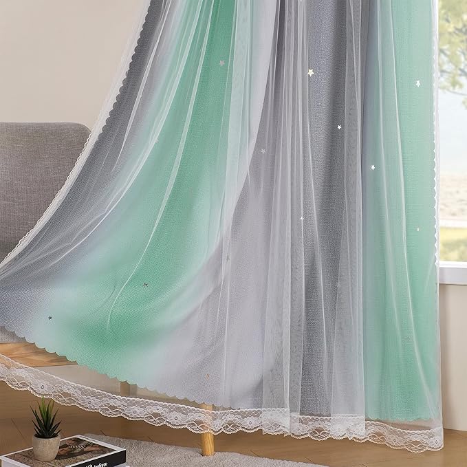 XiDi Blackout Curtains for Bedroom Decor - Rainbow Unicorn Wall Decals for Girl's and Kids' Room - Green Light Grey 34X72 Inch Long 1 Panel