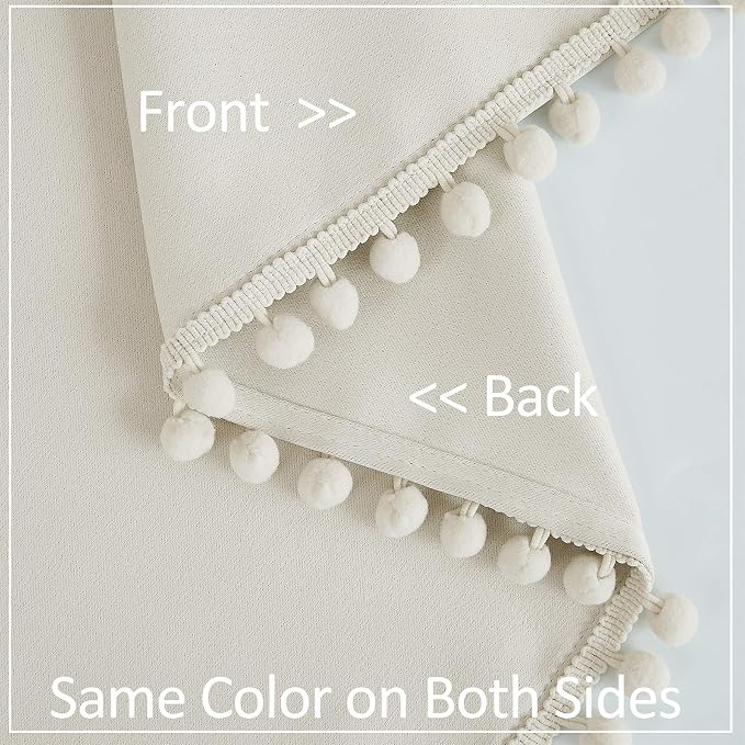 Treatmentex Pom Pom Curtains for Living Room 63 inch Natural Thermal Insulated Room Darkening Curtain Panels for Bedroom Window Drapes Nursery Kids Guest Room Hotel Ivory 52" w x2 Panels Rod Pocket