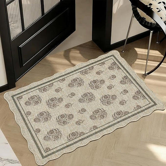 ORTIGIA Scalloped Easy Jute 2x3 Area Rug Vintage Brown Floral Accent Farmhouse Washable Rug Non-Slip Indoor Outdoor Carpet for Living Room Bedroom Kitchen Patio Entryway