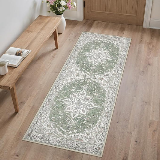GENIMO 2'6''x6 Washable Vintage Runner Rug for Hallway, Non-Slip Low Pile Chenille Print Rug, Soft Rugs for Indoor Entryway Kitchen Corridor, Sage & Linen