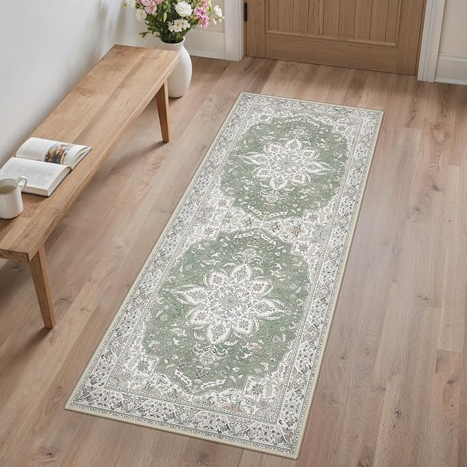 GENIMO 2'6''x6 Washable Vintage Runner Rug for Hallway, Non-Slip Low Pile Chenille Print Rug, Soft Rugs for Indoor Entryway Kitchen Corridor, Sage & Linen