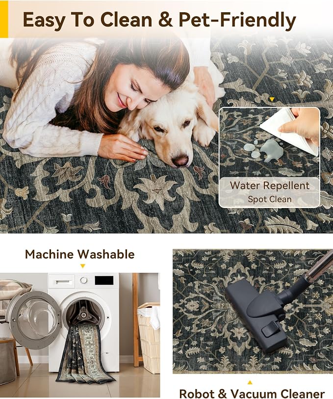 RELEANY Area Rugs Runner 2'x6' Washable Non-Slip, Floral Vintage Distress Medallion Carpet for Kitchen Hallway Bedroom Beside Laundry Room Bathroom, Vintage Black Brown Neutral