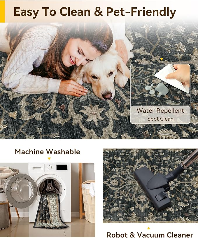 RELEANY Area Rugs Square 6ft Washable Non-Slip, Floral Vintage Distress Medallion Carpet for Living Room Bedroom Dining Room, Vintage Black Brown Neutral