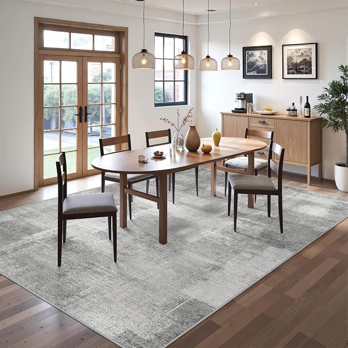 zesthome Washable Area Rug 6x9, Large Abstract Rugs for Living Room, Non-Slip Stain Resistant Rugs, 6x9 Area Rugs for Bedroom, Dining Room, Ultra-Thin Indoor Area Rugs (Grey/Ivory, 6'x9')
