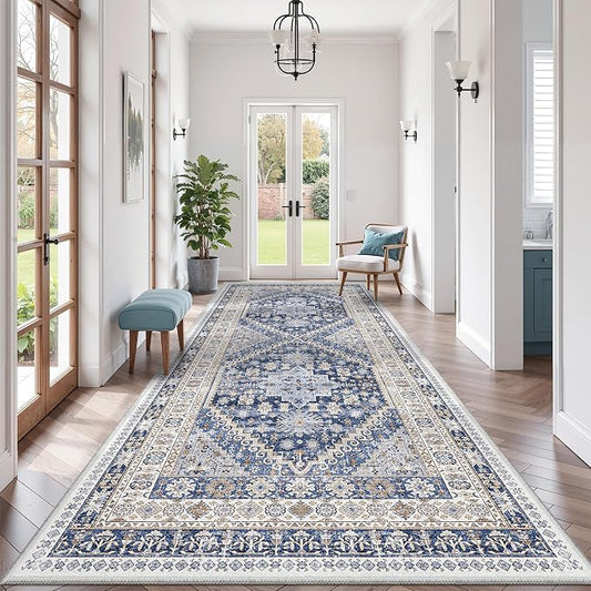 zesthome 4x10 Runner Rug, Washable Hallway Runner Rug with Non-Slip Backing, Low Pile Wide Runner for Living Room, Entryway, Kitchen, Soft Modern Home Decor Mat for Dining Room(Blue/Beige,4'x10')