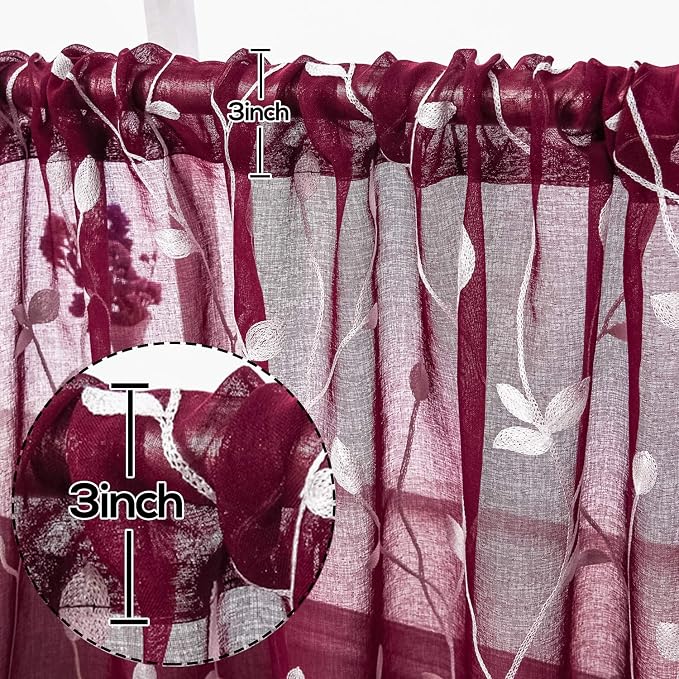 AmHoo 2 Panels Embroidered Leaf Pattern Semi Sheer Curtains Foliage Floral Voile Window Draperies Treatment for Bedroom Living Room Rod Pocket Burgundy Red 53 x 95 Inch