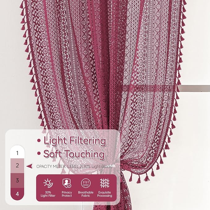 WAZZIO Boho Lace Curtains 84 Inches 2 Panel,Light Filtering Privacy Tassel & Geometry Crochet Semi Sheer Curtain Drapes for Bedroom Living Dining Room,Rod Pocket & Tassel,Burgundy Red