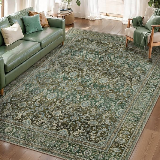 Tangsoo 5x7 Area Rug for Living Room Non Slip,Washable Vintage Olive Green Floral Rug for Bedroom Laundry Office, Soft Low Pile Stain Resistance Retro Indoor Boho Large Carpet for Nursery Dinning Home
