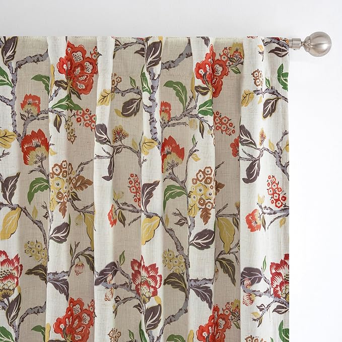 DriftAway Ada Floral Botanical Print Flower Leaf Lined Thermal Insulated Room Darkening Linen Blackout Back Tab Window Curtains 2 Layers Set of 2 Panels Each 52 Inch by 72 Inch Orange Terra Cotta