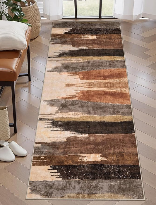 Ciicool 2x6 Washable Runner Rug, Modern Abstract Hallway Rugs Runner, Non-Slip Thin Accent Rug Lightweight Brown Grey Print Distressed Carpet for Laundry Entryway Bedroom Kitchen Indoor