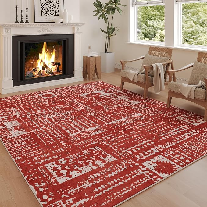 Rugcomf Living Room Rug 6x9 Rug Machine Washable Boho Area Rug Non Slip Moroccan Vintage Low Pile Large Rug for Living Room, Bedroom, Farmhouse, Dining Room, Kids Playroom(Terracotta)