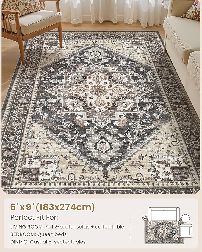 6x9 Vintage Area Rug: Washable Neutral Soft Non Slip Thin Large Floor Carpet for Living Room Bedroom Kitchen Dining Room Home Office Farmhouse Indoor - Black