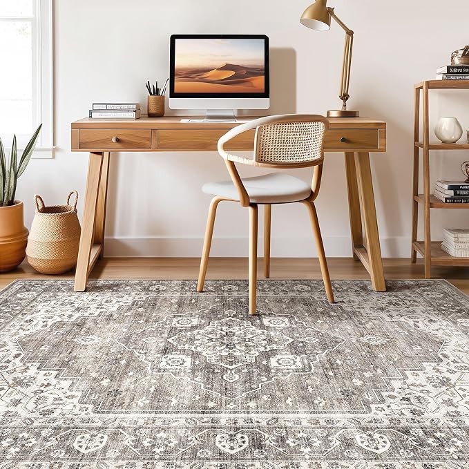 6x9 Area Rug Living Room: Washable Boho Large Neutral Vintage Soft Rugs Stain Resistant Farmhouse Non-Slip Indoor Rustic Floor Carpet for Bedroom Nursery Kids Playroom Office Dining Room- Dark Brown