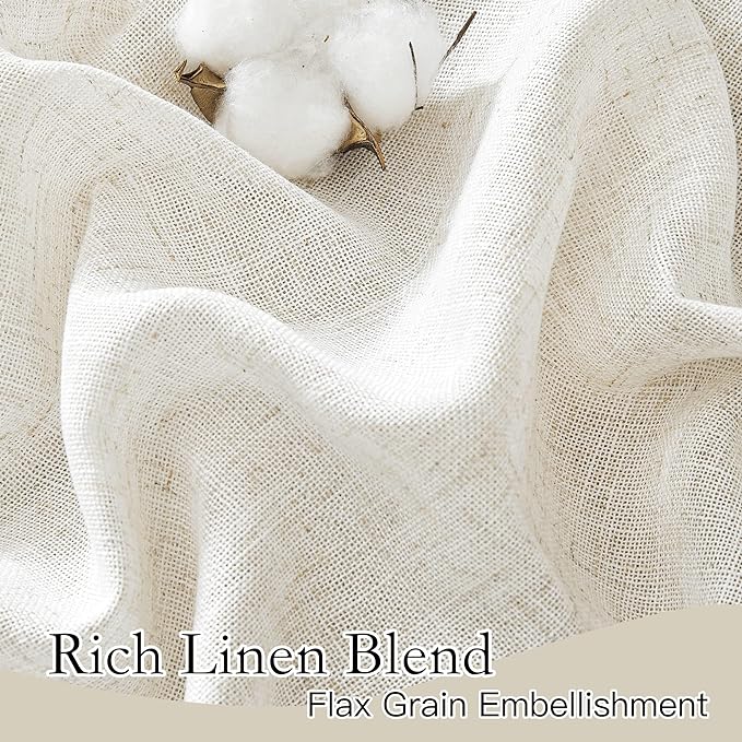 RYB HOME Flax Linen Blend Curtains - Light Filtering Rich Linen Semi Sheer Airy Breathable Window Treatments Soften Sunlight for Farmhouse Living Room Dining Door, W 52 x L 90 inch, 2 Panels