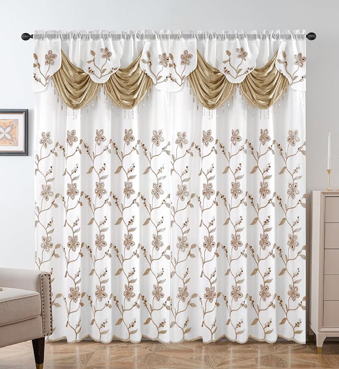 Petrichor Embroidered Sheer Curtain 2 Panels Set - Luxury Window Curtain Attached Valance with Satin Backing and 2 Tie Backs for Living Room,Dining Room, 54x95 inches, Taupe