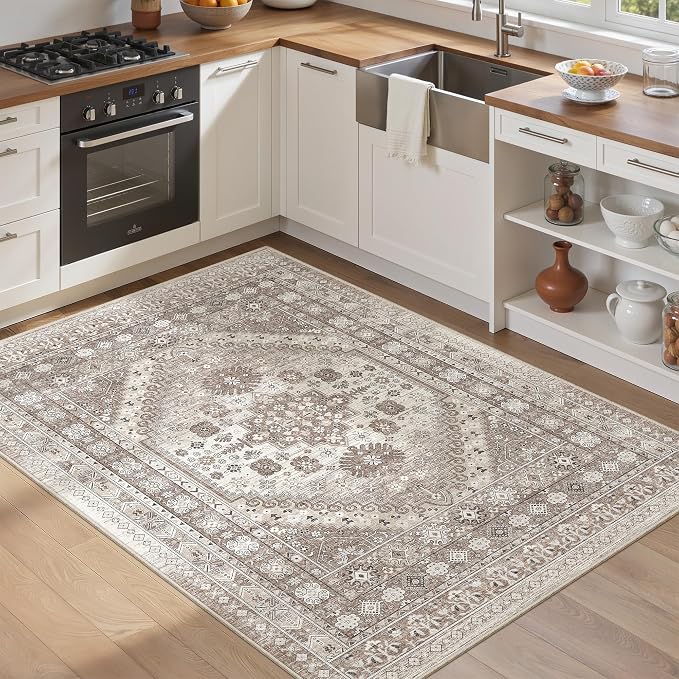 befbee 4x6 Rugs for Living Room Bedroom,Non-Slip Washable Rug,Stain Resistant Lightweight Area Rugs for Dining Room,Ultra-Thin Indoor Floor Carpet (Brown/Beige, 4'x6')