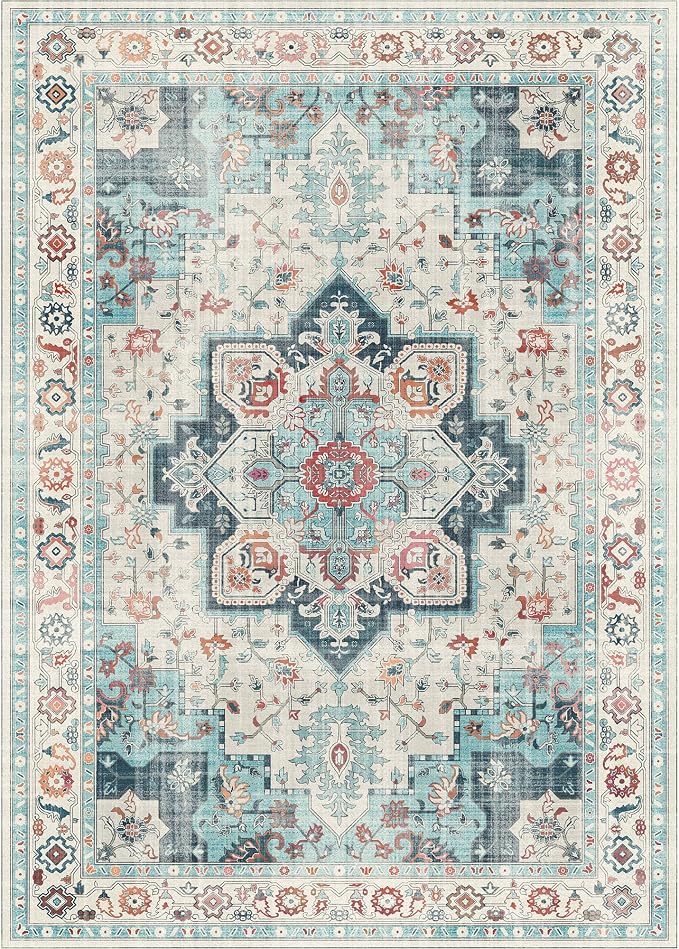 GENIMO 8x10 Area Rugs for Living Room, Machine Washable Non Slip Rugs, Low Pile Lightweight Vintage Print Rug for Bedroom, Dining Room, Home Office, Turquoise & White