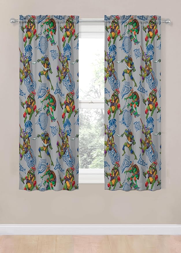 Jay Franco Window Curtains for Kids Bedroom 4-Piece Drape Set with 2 Tiebacks, Grey - Teenage Mutant Ninja Turtles, 42" W x 63" L (Pack of 2)