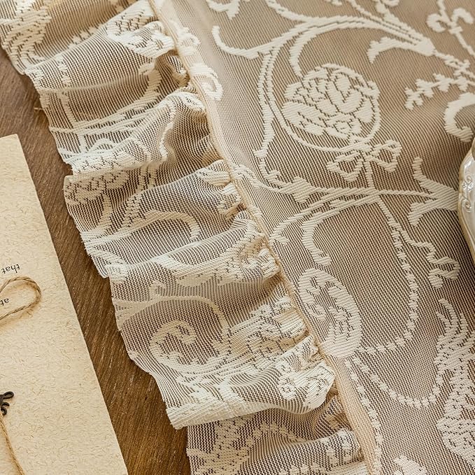 TUDECO Beige Lace Curtains for Bedroom - Floral Sheer Boho Crochet Curtains 63 Inch Length, Natural Ruffle Short Rod Pocket Light Filtering Window Treatment Grandma Core Decor, 59 x 63 Inch
