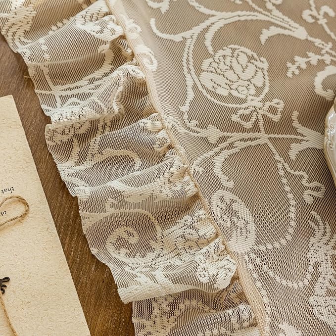 TUDECO Light Beige Curtains 90 Inches Long - Rustic Embroidered Sheer Lace Curtains for Living Room 2 Panels, Rod Pocket Light Filtering Ruffle Edges Decorative Vintage Bedroom Decor, 59W x 90L Inch