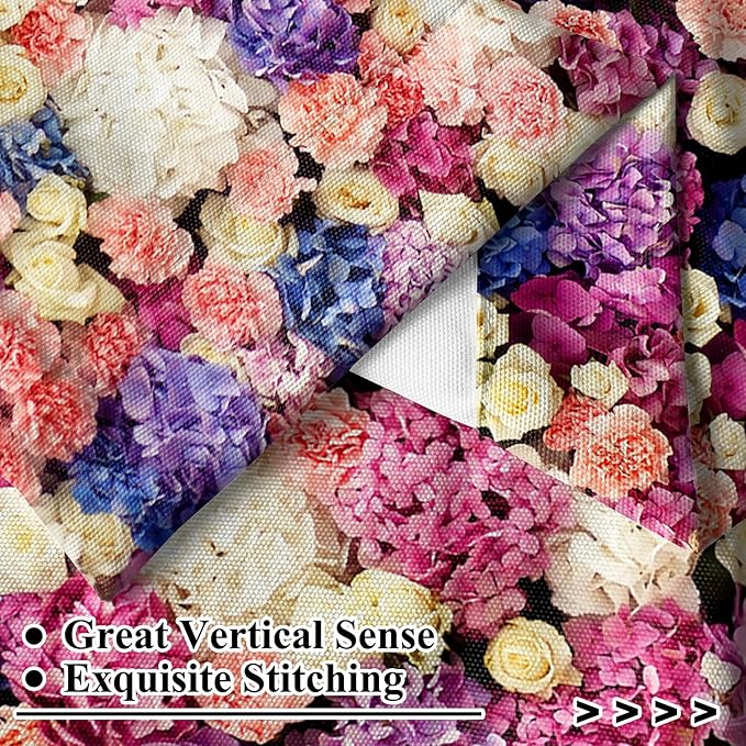 Renaiss 52 x 63 Inch Colorful Floral Kitchen Curtains Short Linen Textured Small Cafe Curtains Rose Flower Light Filtering Short Window Curtain for Bathroom Basement with Rod Pocket 2 Panels